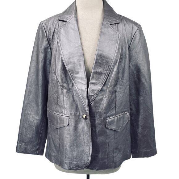 Vintage Y2k Metallic Leather Blazer Jacket Collared Silver Purple Lilac 1X 16W - Picture 1 of 12